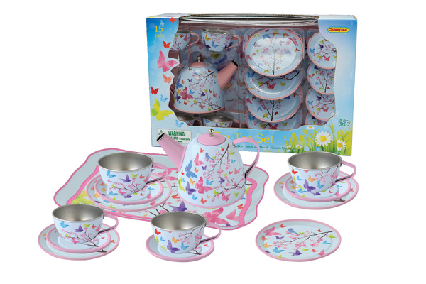 PINK BLOSSOM BUTTERFLY TIN TEA SET 15PCS